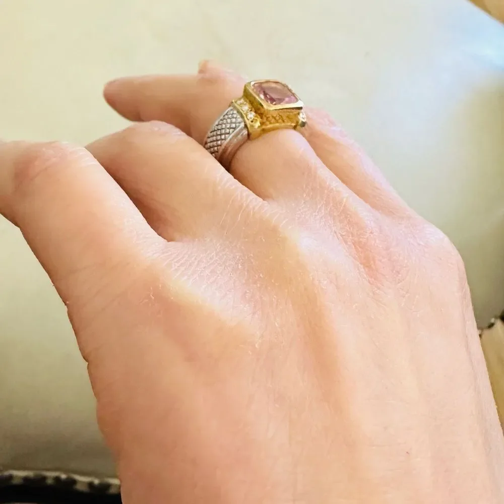 Judith Ripka 18k Yellow Gold Diamond and pink Zircon and silky ring